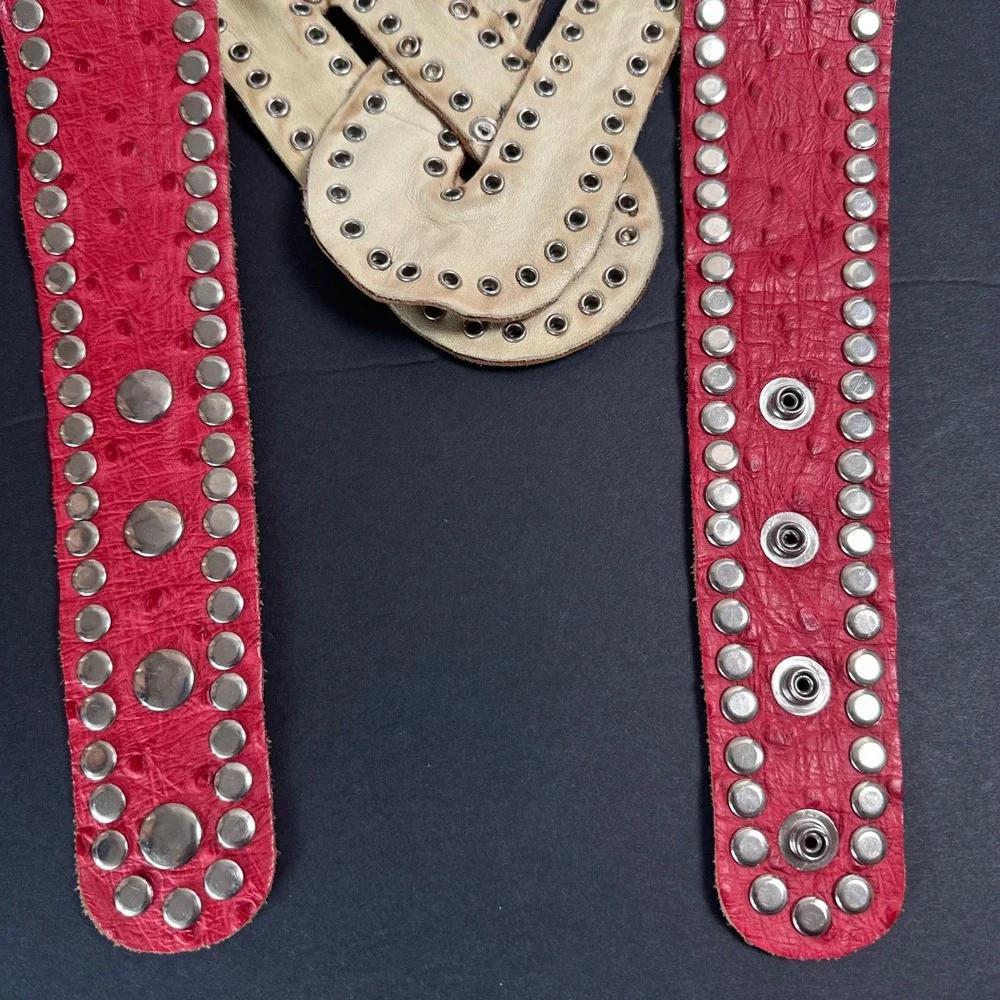 Vintage Genuine Ostrich Leather Belt L Red Silver Studded Cummerbund Adjustable